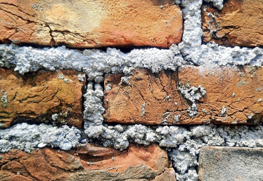 Spalled brick faces flaked off by freeze-thaw on a house wall